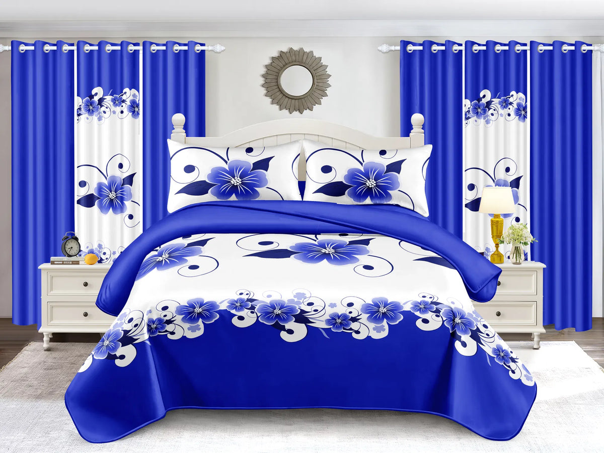 Blue White Floral Duvet Cover & Curtain Set 12 Piece, Queen Size