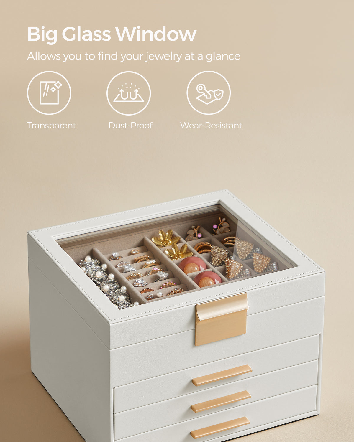 Songmics Jewelry Box With Glass Top, 4-Tier, 3 Drawers