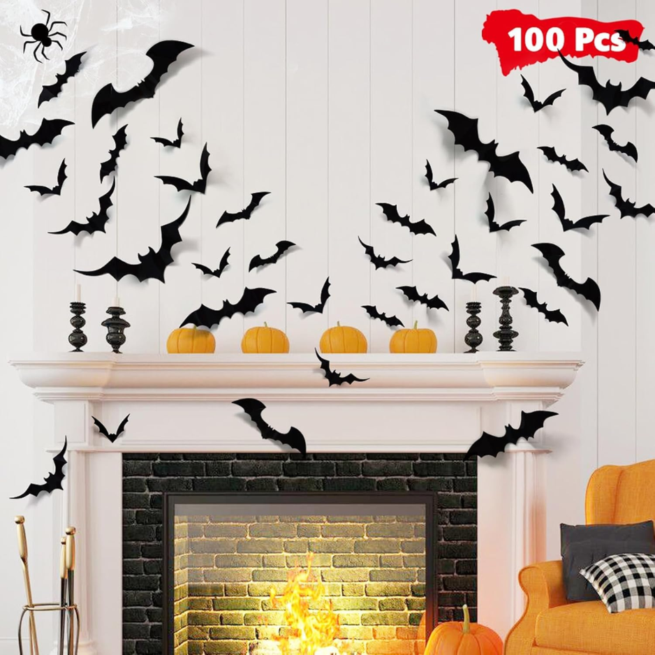 100Pcs Halloween Bat Wall Decor Stickers - 3D Black PVC Bat Decals
