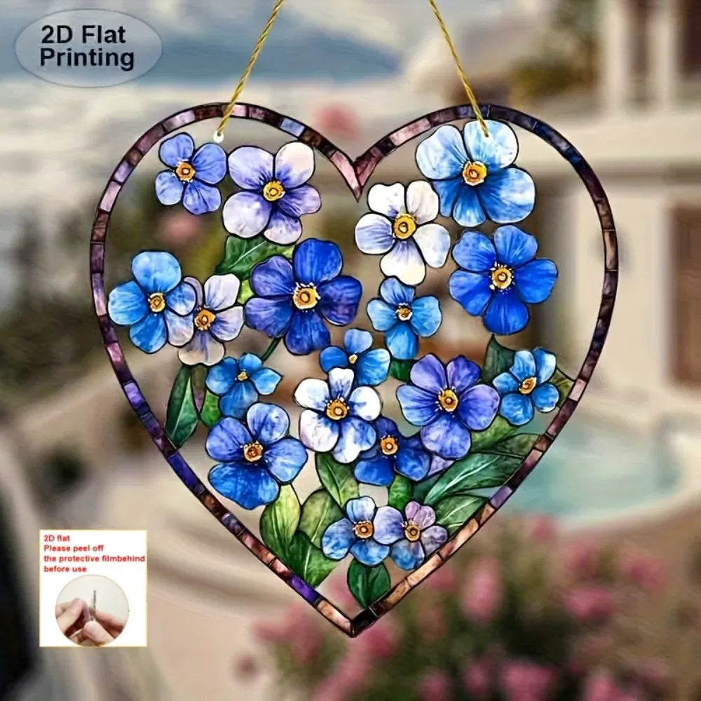 Acrylic Blue Floral Heart Stained Glass Style Sun Catcher Window Wall