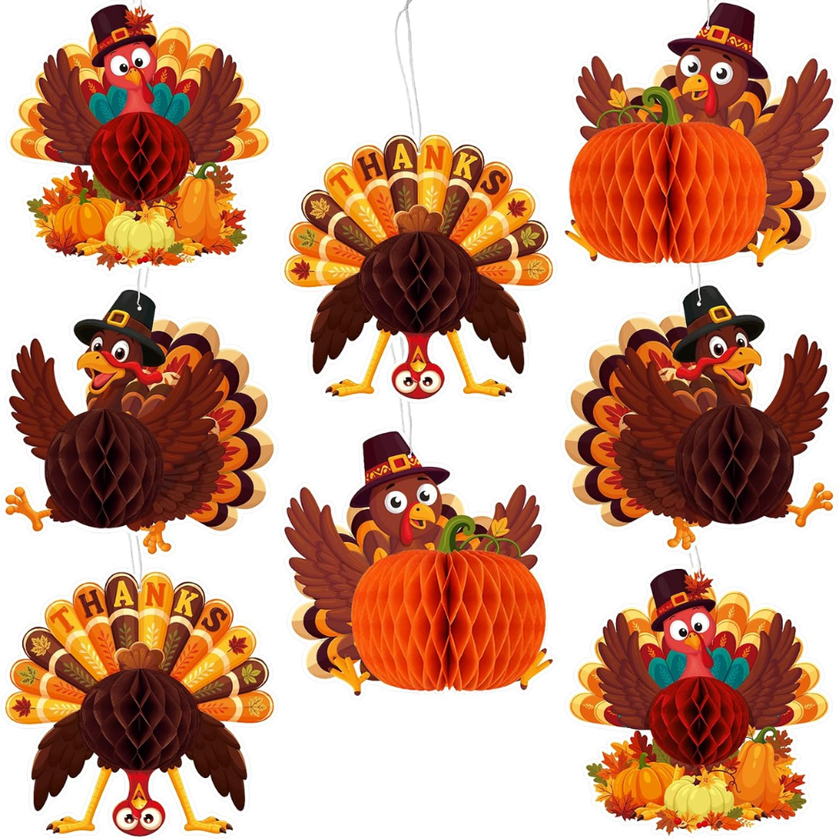 8 PCS Thanksgiving Party Decorations Hanging Paper Turkey Honeycomb