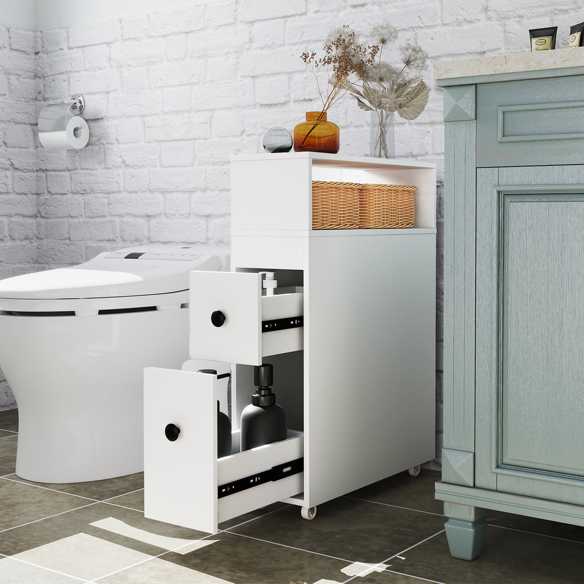 Slim Bathroom Cabinet Wooden Toilet Organizer With Deep Slide Out